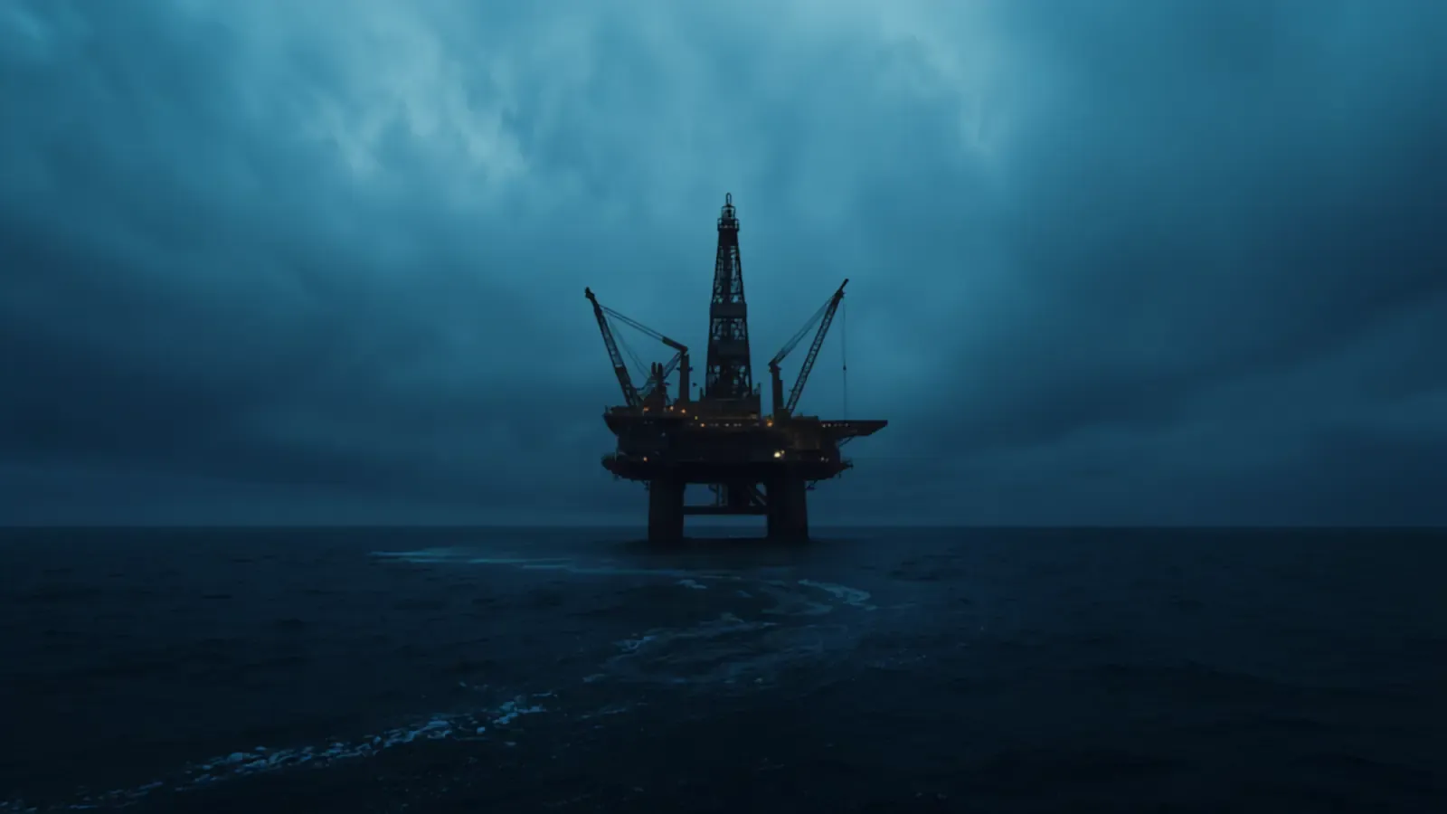 Offshore oil and gas platform at sea under an overcast blue-hour sky