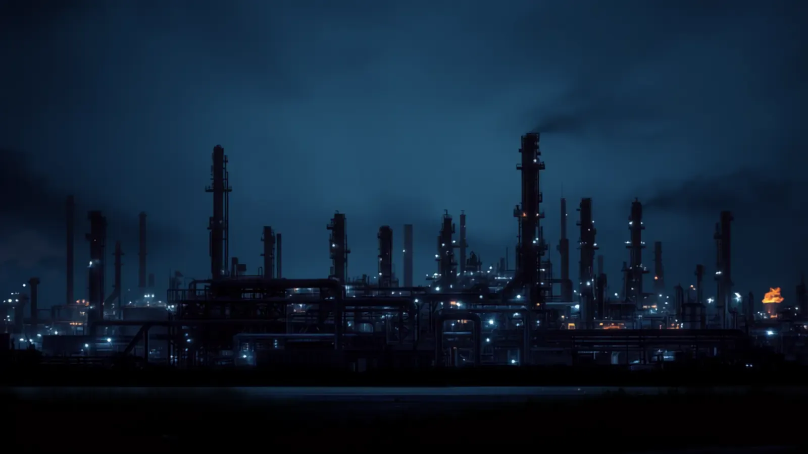 Oil refinery at dusk with illuminated distillation columns and pipe racks